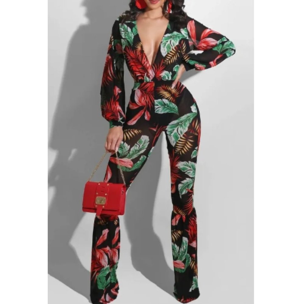 NWT Black Green Red Tropical Aloha Long Sleeves Deep V-Neck Vacay Bae Jumpsuit